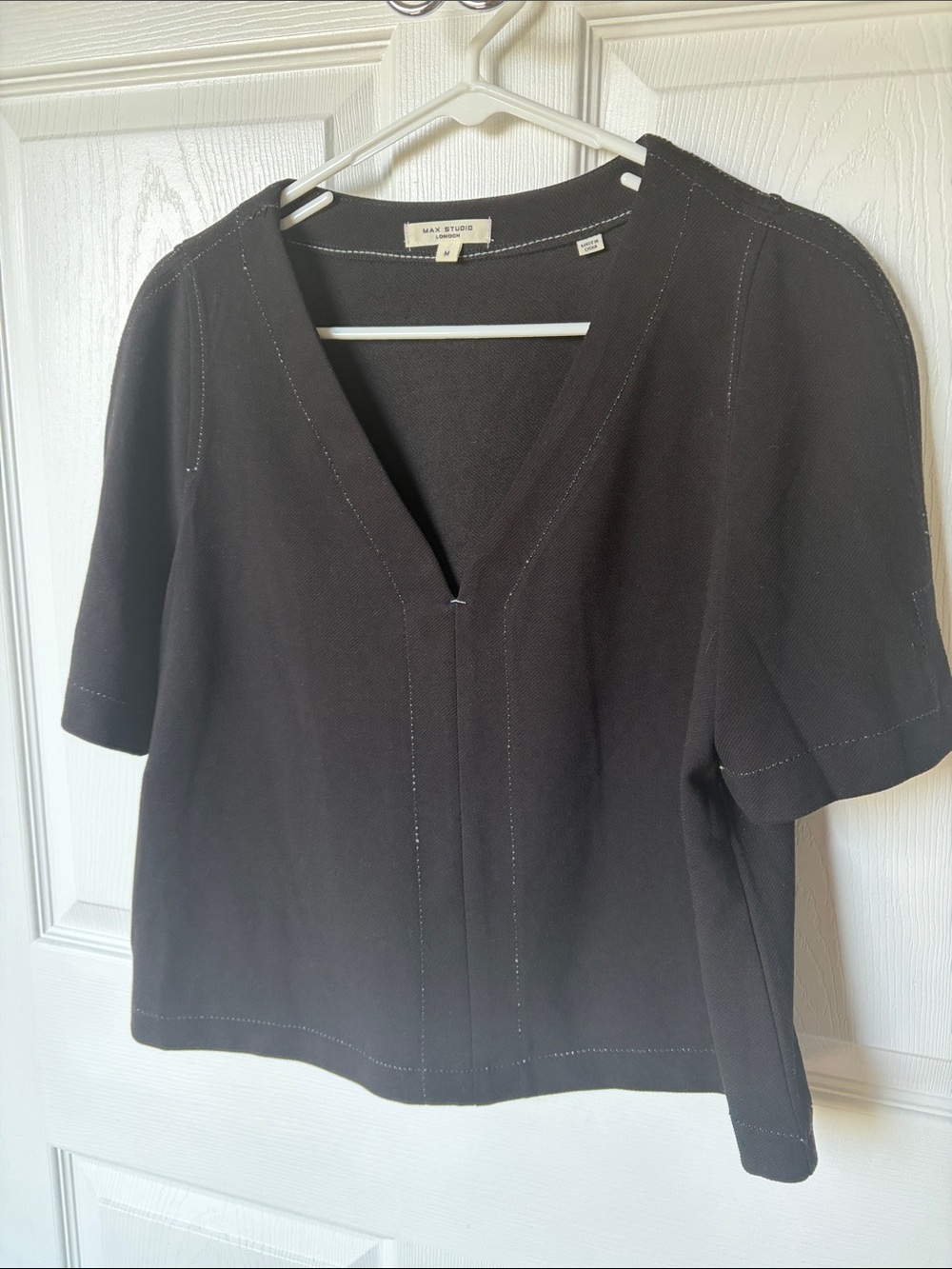 Max Studio Black V-Neck Short Sleeve Tunic with Contrast Stitching